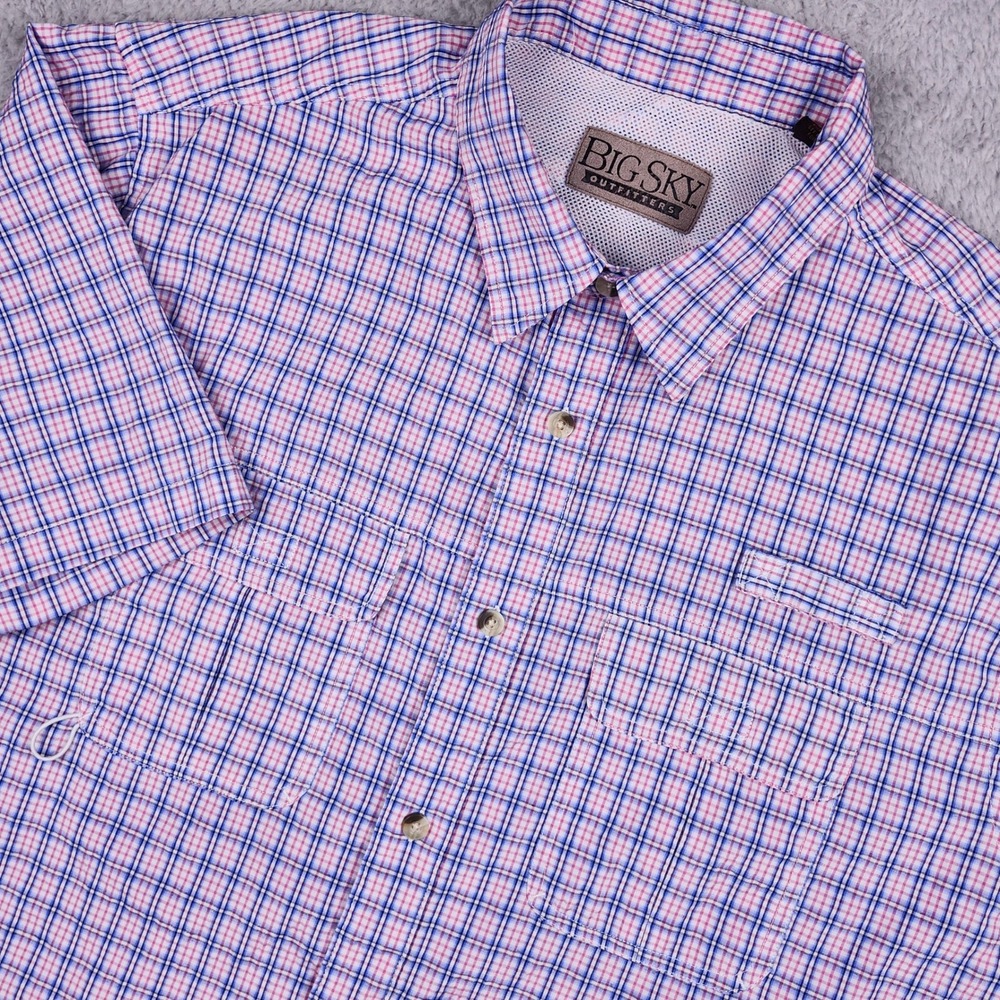 Big Sky Outfitters Fishing Shirt Mens XL Pink Blue Plaid Vented SS Outdoor Gorp